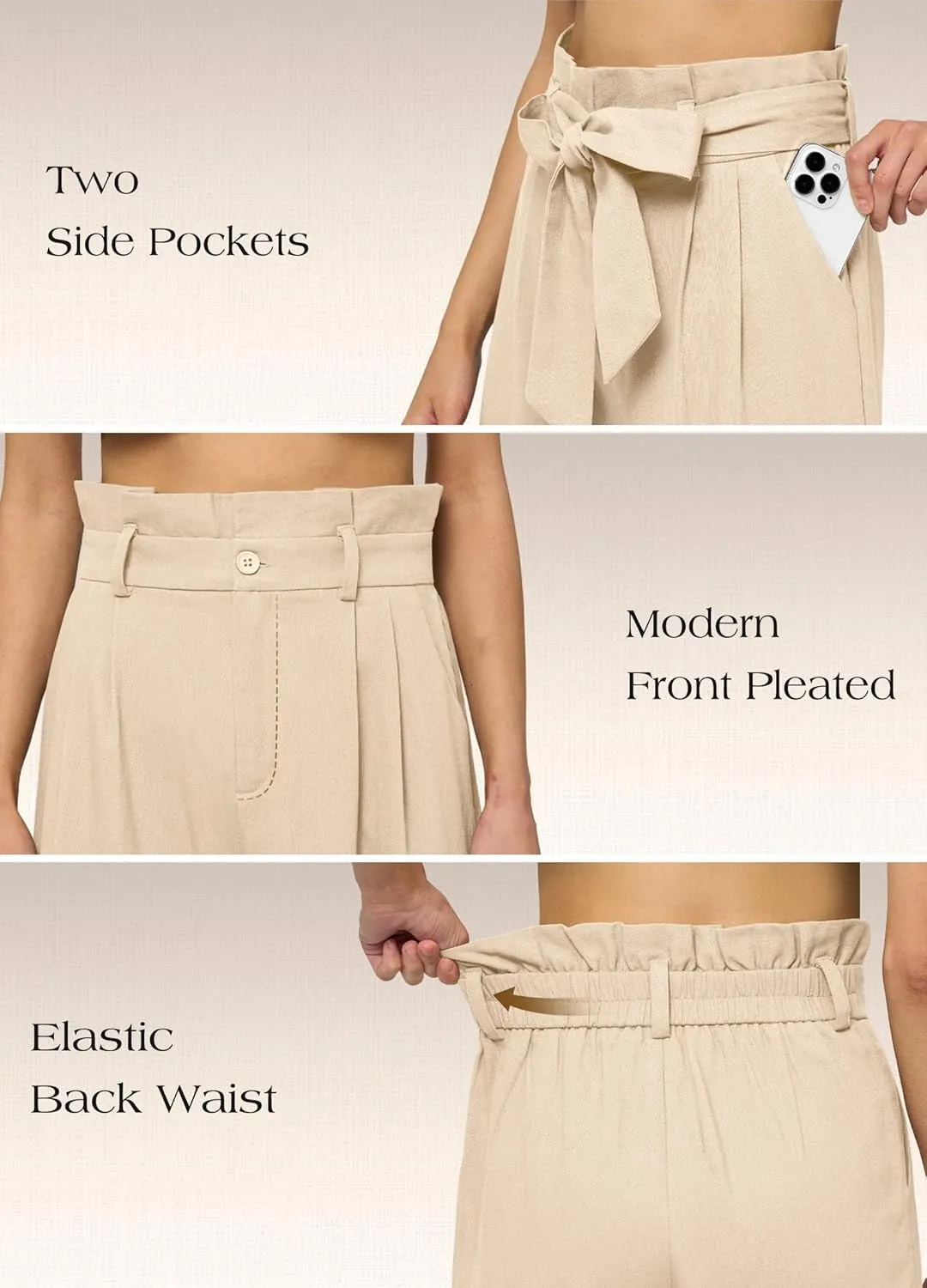Willit Women Linen Pants Casual Wide Leg Dress Pants High Waisted Paperbag Work Trousers Summer Tie Knot Pockets 28"/30"/32''