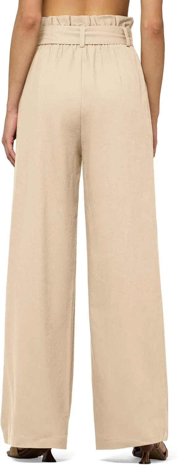 Willit Women Linen Pants Casual Wide Leg Dress Pants High Waisted Paperbag Work Trousers Summer Tie Knot Pockets 28"/30"/32''