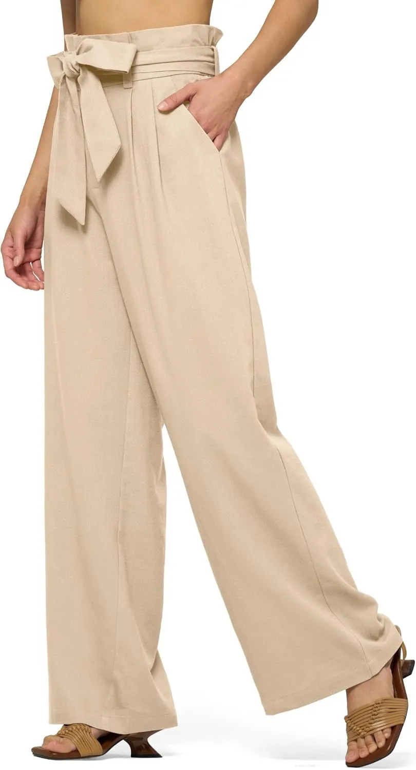Willit Women Linen Pants Casual Wide Leg Dress Pants High Waisted Paperbag Work Trousers Summer Tie Knot Pockets 28"/30"/32''