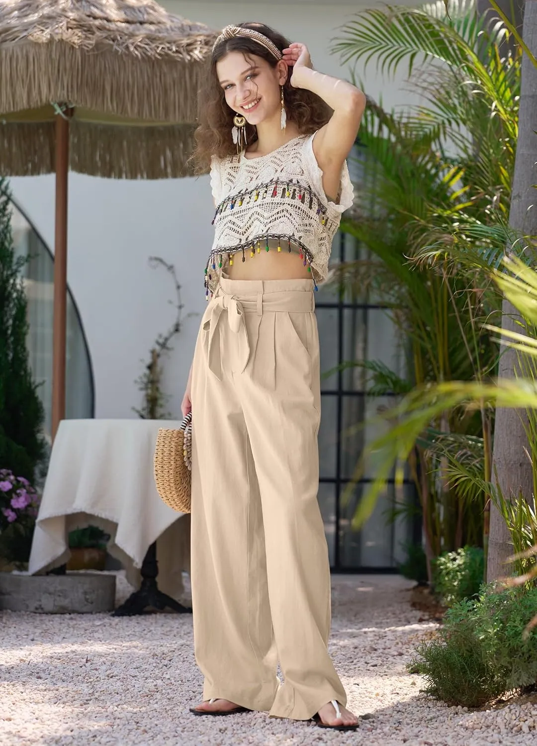 Willit Women Linen Pants Casual Wide Leg Dress Pants High Waisted Paperbag Work Trousers Summer Tie Knot Pockets 28"/30"/32''