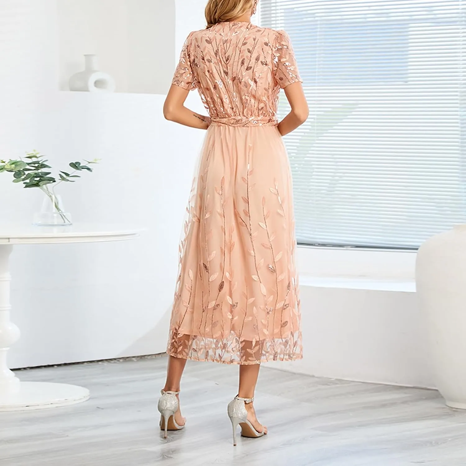 Woman Midi Dress V Neck Short Sleeve Tie Waist Tiered Lace Embroidered Wedding Guest Dresses Cocktail Evening Clothes