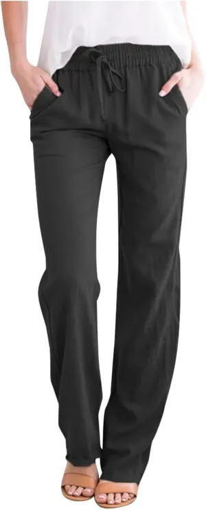 Women High Waist Linen Pant Trendy Boho Flowy Straight Leg Cuffed Trousers Hip Hop Athletic Palazzo Casual Sweatpants