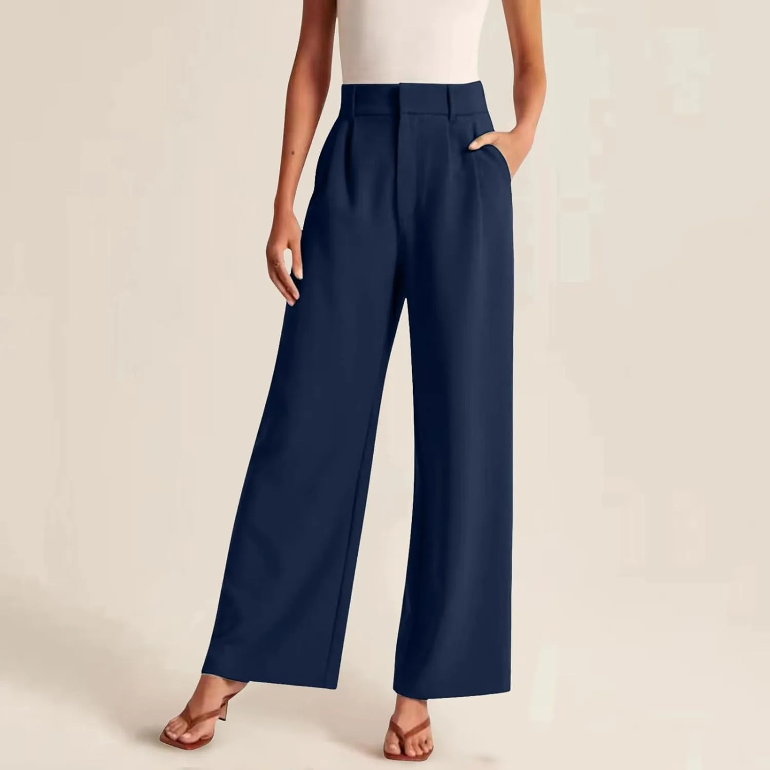 Women Linen Blend Summer Comfy Palazzo Pants Low Waist Wide Leg Loose Fit Palazzo Pants Work Business