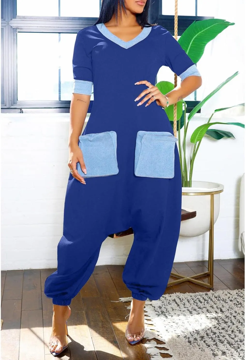 Women Overalls Jumpsuits Loose Casual Dressy Short Sleeve Baggy Harem Pants Romper Trendy Summer Outfits