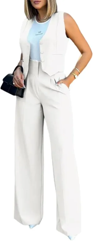 Women Suits 2 Piece Set Business Sleeveless Blazer Vest&Wide Leg Pants Sets Casual Elegant Work Office Trendy Outfits