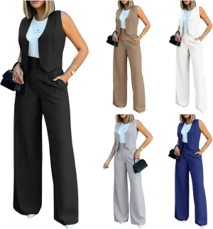 Women Suits 2 Piece Set Business Sleeveless Blazer Vest&Wide Leg Pants Sets Casual Elegant Work Office Trendy Outfits