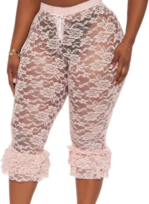 Women Summer Sheer Lace Leggings Capris See Through Knee Length Elastic High Waist Pants Trousers Coquette Legging
