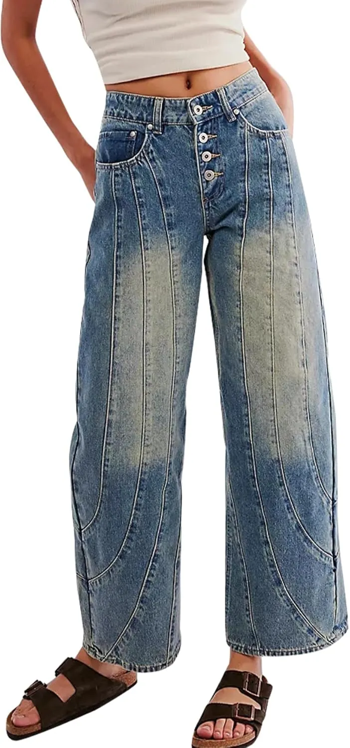 Women Wide Leg Baggy Jeans High Waisted Loose Fit Vintage Washed Boyfriend Denim Pants with Pockets