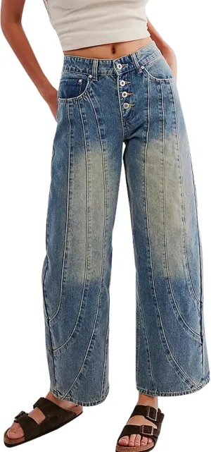 Women Wide Leg Baggy Jeans High Waisted Loose Fit Vintage Washed Boyfriend Denim Pants with Pockets
