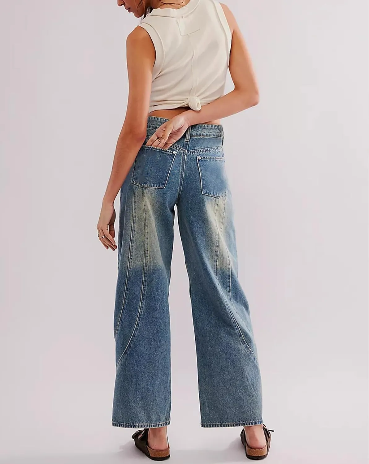 Women Wide Leg Baggy Jeans High Waisted Loose Fit Vintage Washed Boyfriend Denim Pants with Pockets