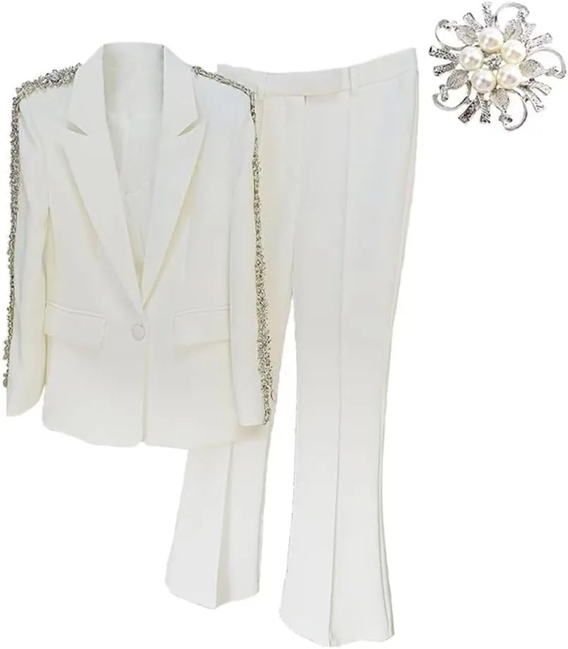 Women's 2 Piece Crystal Set Pant Suits Lady Evening Wedding Rhinestoned Blazer Jacket   Wide Leg Trouser Outfits