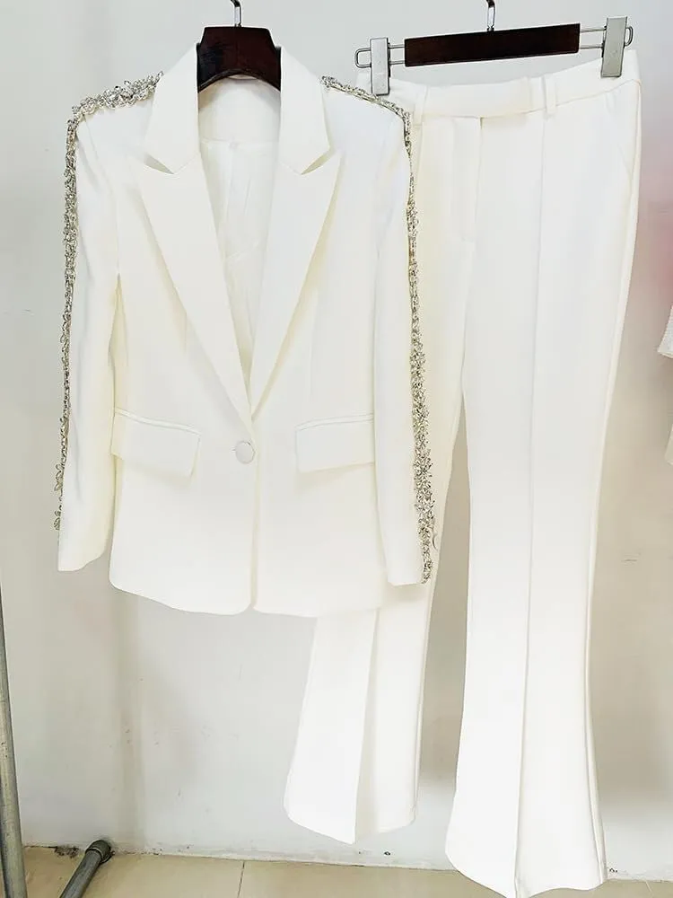 Women's 2 Piece Crystal Set Pant Suits Lady Evening Wedding Rhinestoned Blazer Jacket   Wide Leg Trouser Outfits