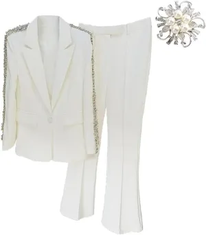 Women's 2 Piece Crystal Set Pant Suits Lady Evening Wedding Rhinestoned Blazer Jacket   Wide Leg Trouser Outfits