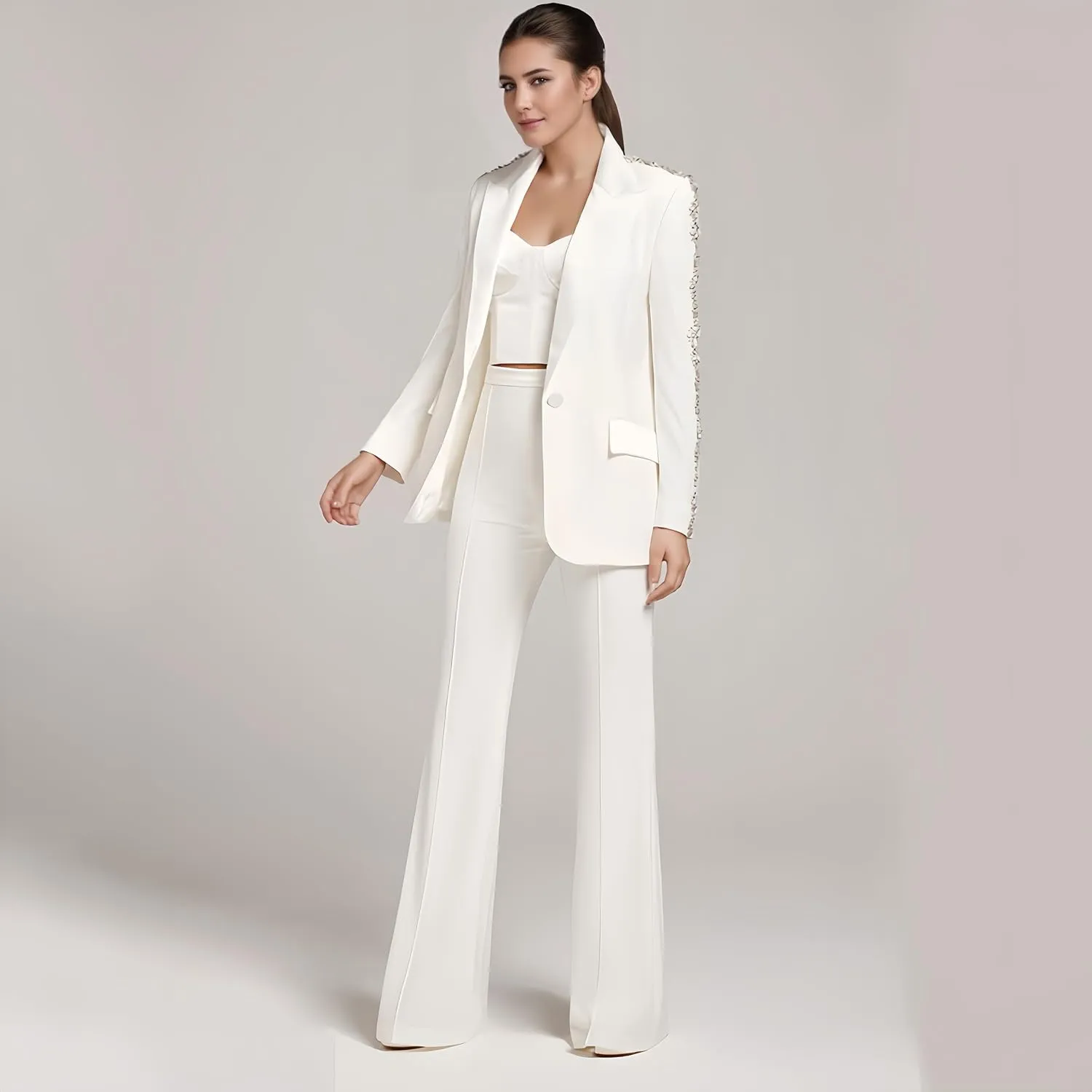 Women's 2 Piece Crystal Set Pant Suits Lady Evening Wedding Rhinestoned Blazer Jacket   Wide Leg Trouser Outfits