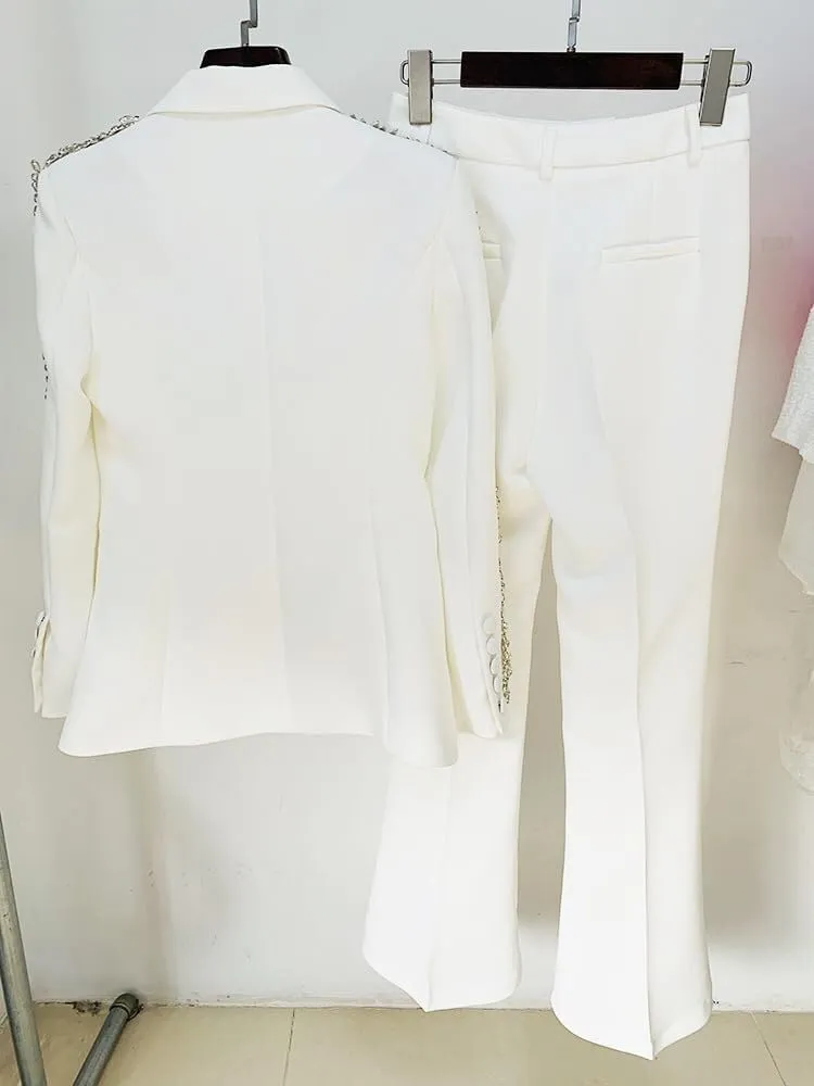 Women's 2 Piece Crystal Set Pant Suits Lady Evening Wedding Rhinestoned Blazer Jacket   Wide Leg Trouser Outfits