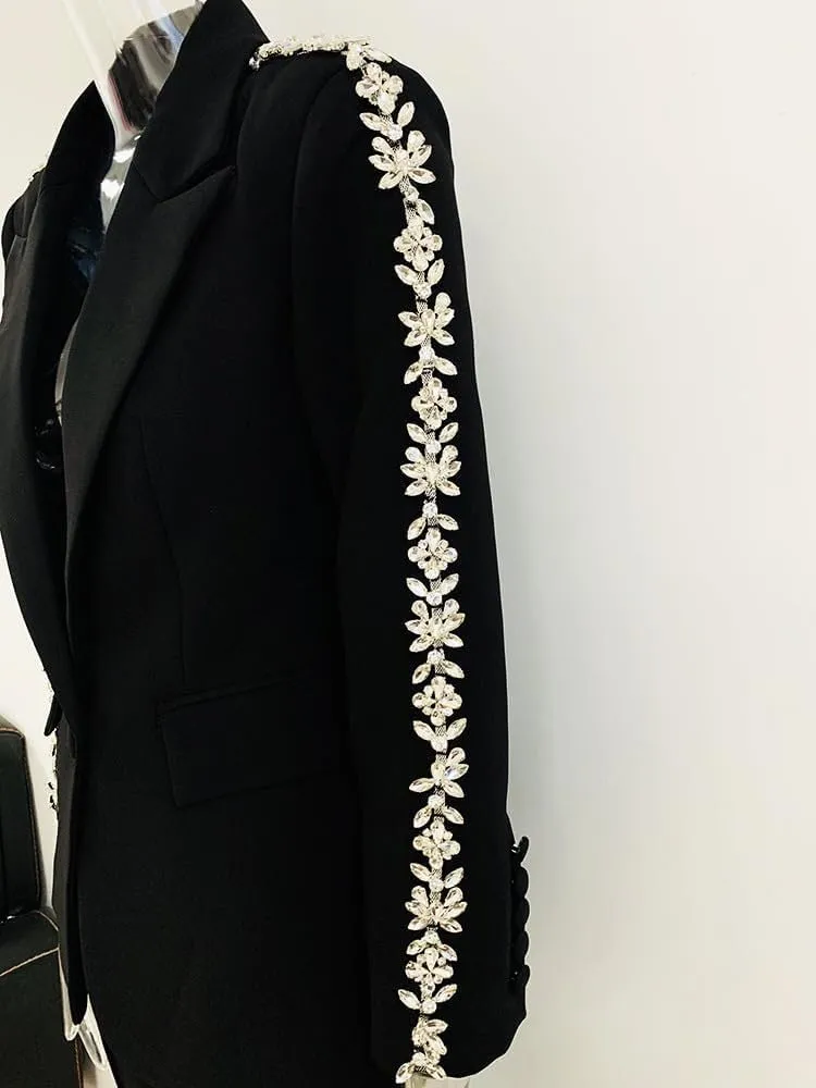 Women's 2 Piece Crystal Set Pant Suits Lady Evening Wedding Rhinestoned Blazer Jacket   Wide Leg Trouser Outfits