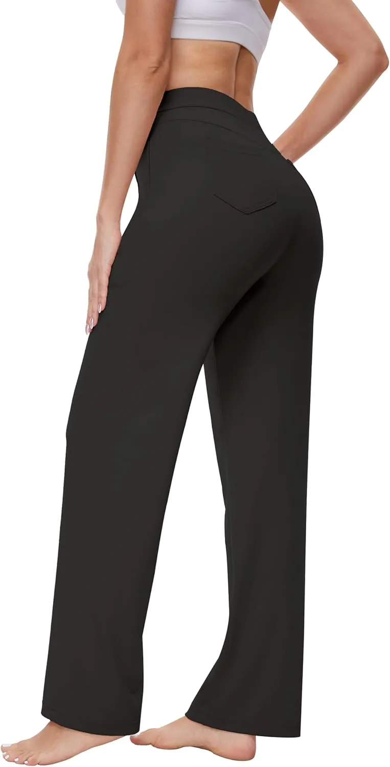 Womens 27"/29"/31" Wide Leg Pull On Loose Yoga Gym Pants, High Waist Tall, Petite, Regular Work Business Slacks