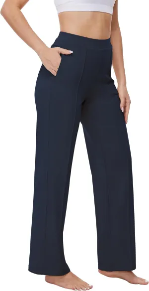 Womens 27"/29"/31" Wide Leg Pull On Loose Yoga Gym Pants, High Waist Tall, Petite, Regular Work Business Slacks