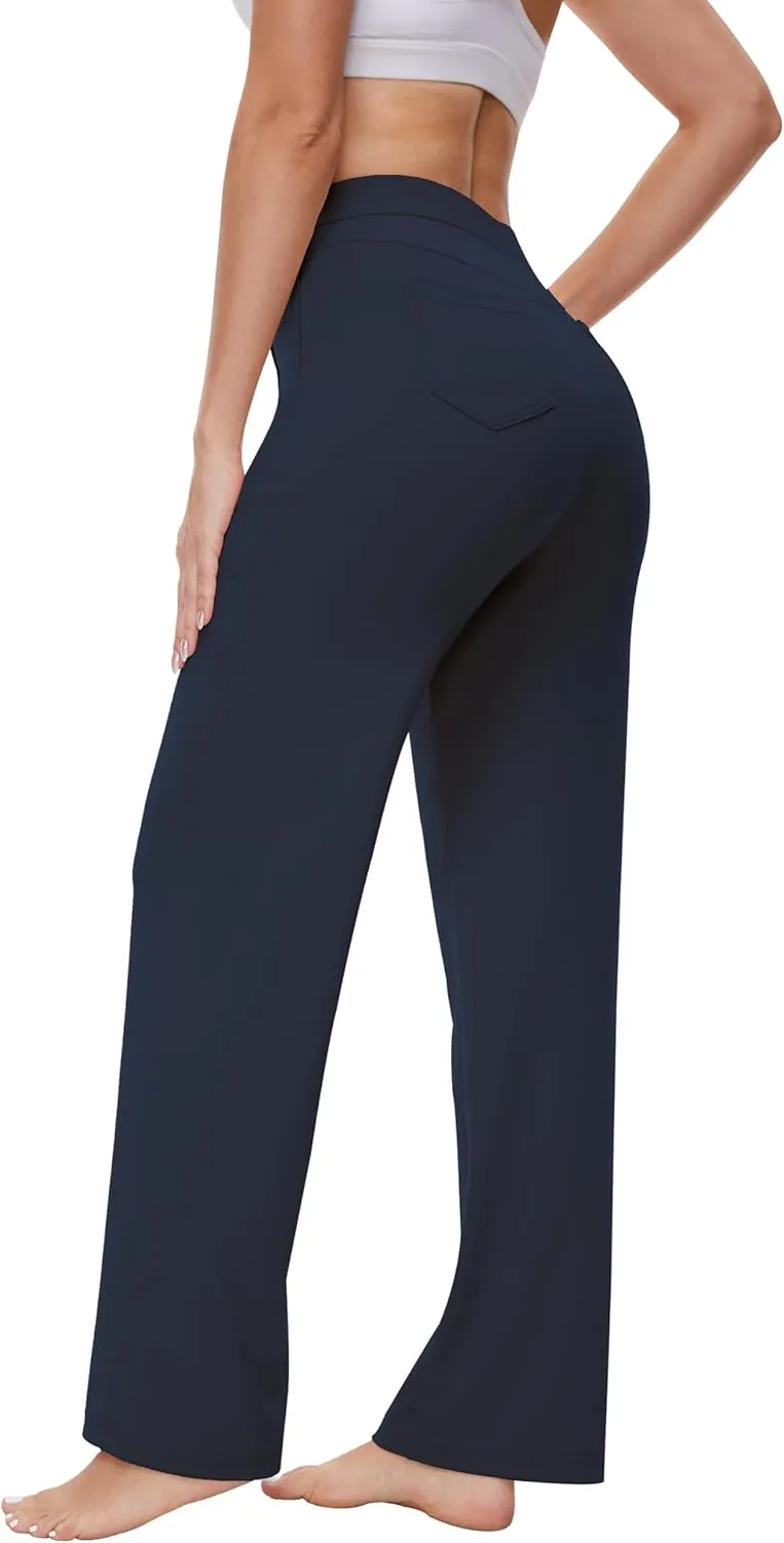 Womens 27"/29"/31" Wide Leg Pull On Loose Yoga Gym Pants, High Waist Tall, Petite, Regular Work Business Slacks