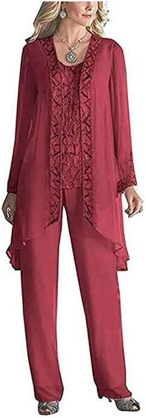Women's 3 PC Chiffon Mother's Outfit Pants Suits for Wedding Plus Size Evening Gowns Dress Suit