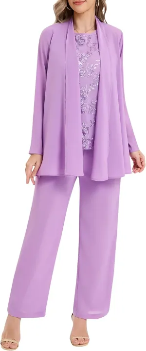 Womens 3 Pieces Lace Pants Suits Elegant Mother of Bride Sequin Tank Top Dressy Suit Sets for Wedding Formal Outfit