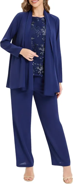 Womens 3 Pieces Lace Pants Suits Elegant Mother of Bride Sequin Tank Top Dressy Suit Sets for Wedding Formal Outfit