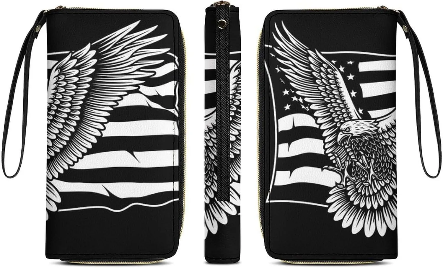 Women's Black And White American Flag Patriotic USA Bald Eagle Pattern PU Leather Clutch with Wristlet, 7.8x4.1x1.4 Inch Compact Wallet for Daily Essentials, Fashionable and Functional Design