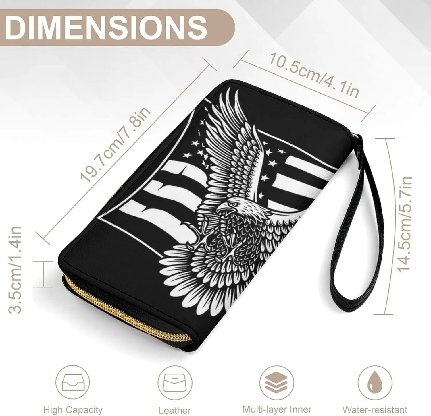 Women's Black And White American Flag Patriotic USA Bald Eagle Pattern PU Leather Clutch with Wristlet, 7.8x4.1x1.4 Inch Compact Wallet for Daily Essentials, Fashionable and Functional Design