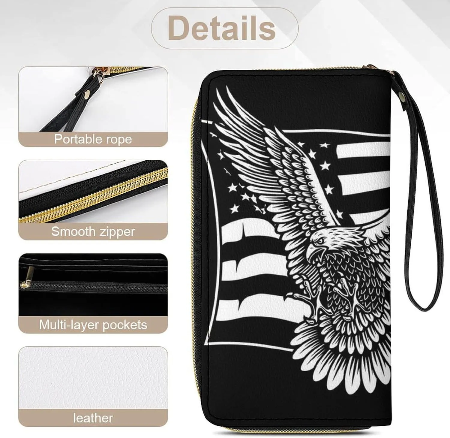 Women's Black And White American Flag Patriotic USA Bald Eagle Pattern PU Leather Clutch with Wristlet, 7.8x4.1x1.4 Inch Compact Wallet for Daily Essentials, Fashionable and Functional Design