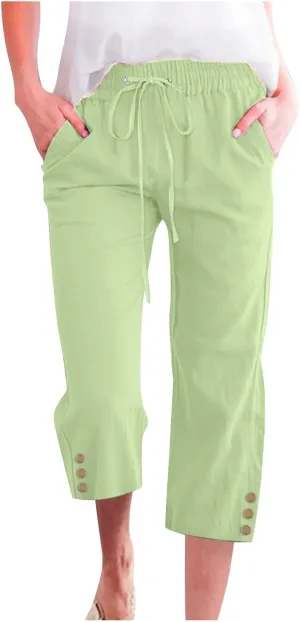 Womens Capris Pants High Waist Drawstring Comfy Cropped Linen Lightweight Loose Trousers Buttons Trim with Pockets