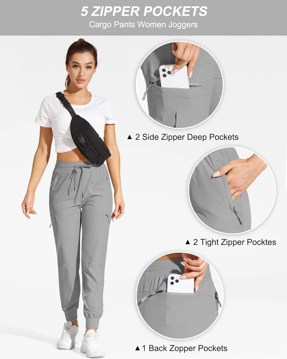 Womens Cargo Joggers Hiking Pants Lightweight Quick Dry Water Resistant Travel Casual Womens Pants with Zipper Pockets