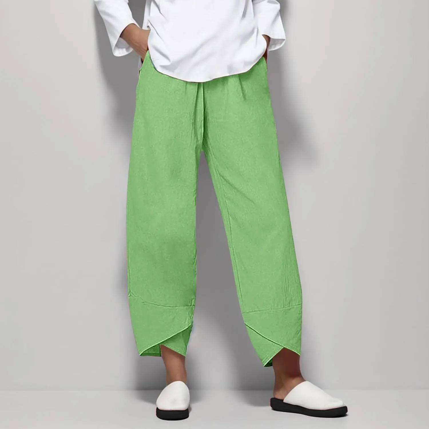 Womens Casual Cotton Linen Pants Lightweight Comfy Drawstring Loose Beach Palazzo Harem Capri Pants Trousers with Pockets