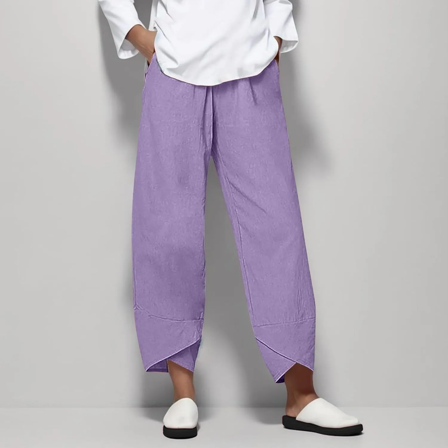 Womens Casual Cotton Linen Pants Lightweight Comfy Drawstring Loose Beach Palazzo Harem Capri Pants Trousers with Pockets