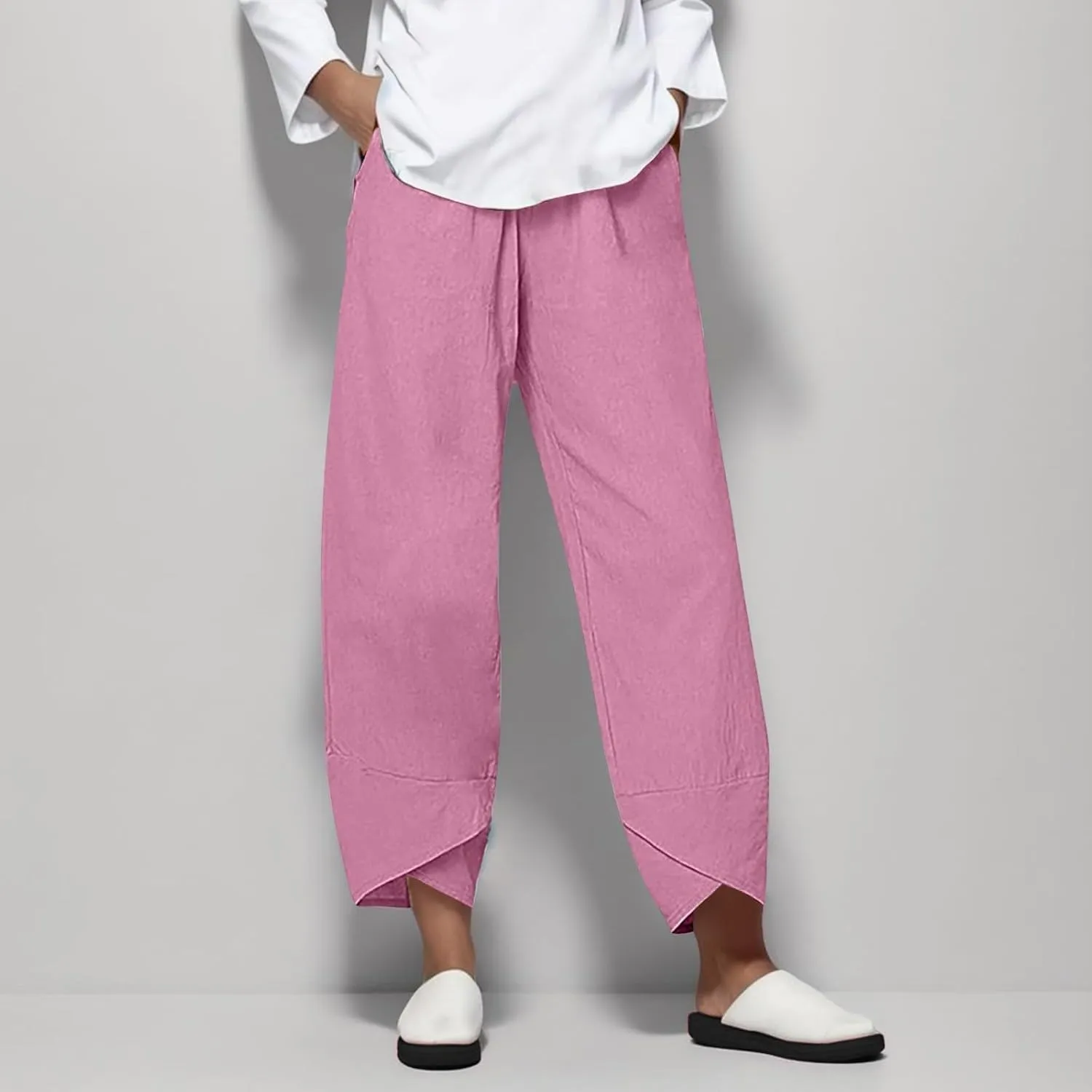 Womens Casual Cotton Linen Pants Lightweight Comfy Drawstring Loose Beach Palazzo Harem Capri Pants Trousers with Pockets