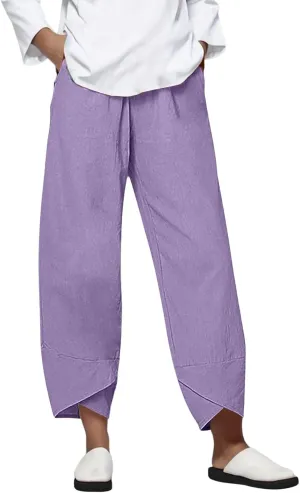 Womens Casual Cotton Linen Pants Lightweight Comfy Drawstring Loose Beach Palazzo Harem Capri Pants Trousers with Pockets