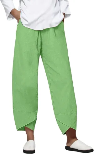 Womens Casual Cotton Linen Pants Lightweight Comfy Drawstring Loose Beach Palazzo Harem Capri Pants Trousers with Pockets