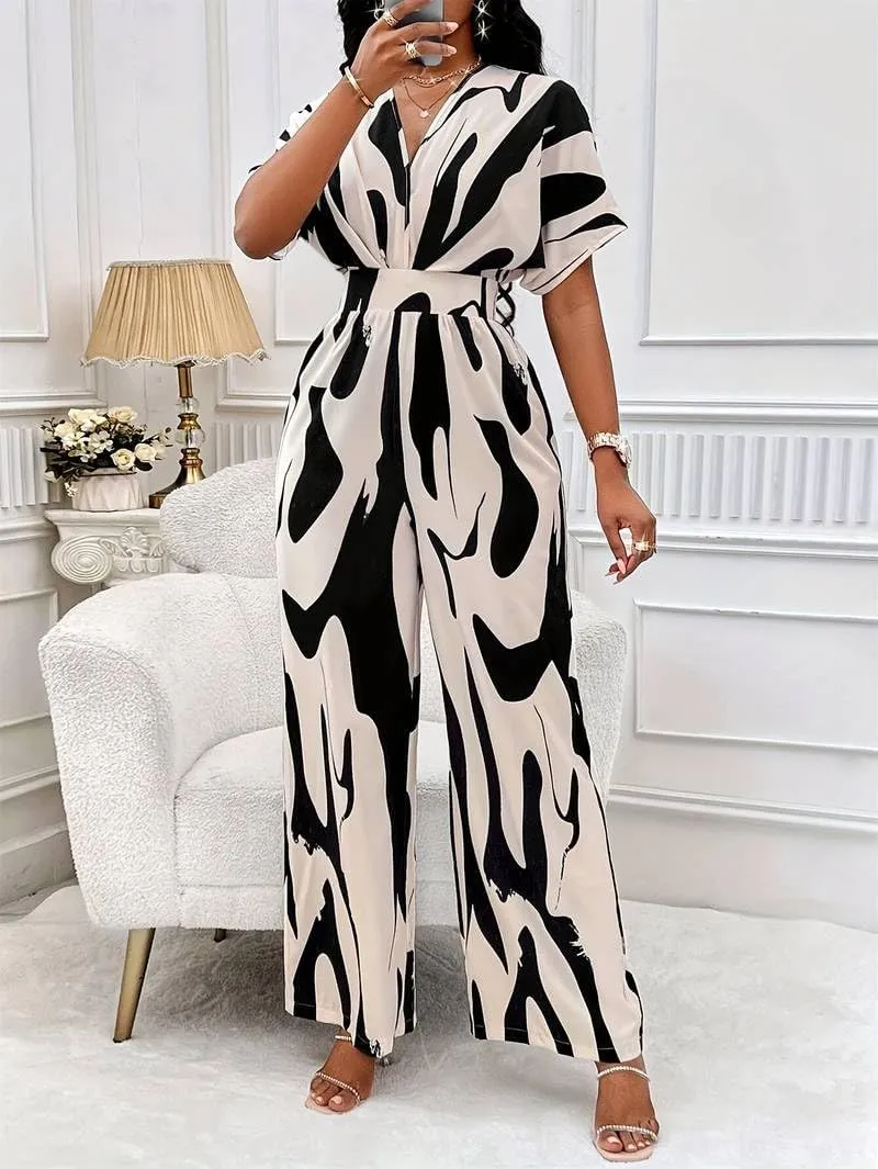 Women's Casual Jumpsuit Abstract Print Wide Leg Jumpsuits Short Sleeves Beach Rompers Long Pants