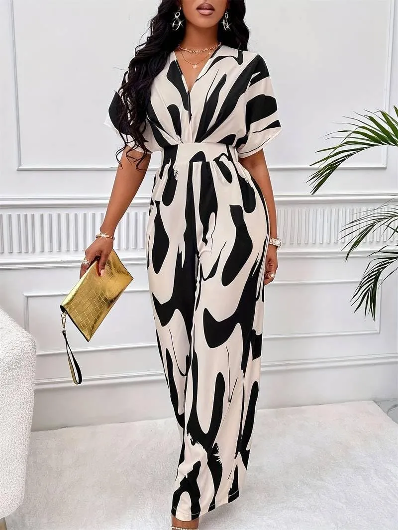 Women's Casual Jumpsuit Abstract Print Wide Leg Jumpsuits Short Sleeves Beach Rompers Long Pants