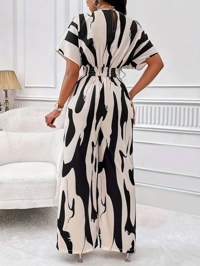 Women's Casual Jumpsuit Abstract Print Wide Leg Jumpsuits Short Sleeves Beach Rompers Long Pants