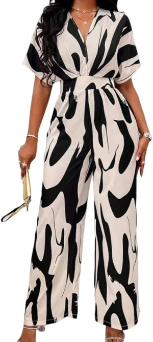 Women's Casual Jumpsuit Abstract Print Wide Leg Jumpsuits Short Sleeves Beach Rompers Long Pants