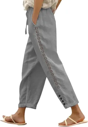 Women's Casual Pants 2025 New Summer Cotton Linen Slim Elegant Straight Pants Splicing Solid Color Nine Point Trousers