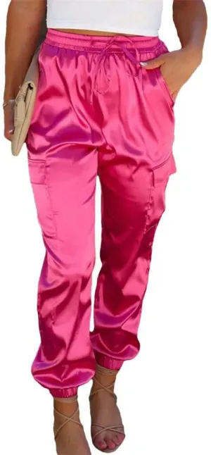 Women's Casual Pants Elastic Waist Drawstring Solid Cargo Pants tie Ankle Strap Pocket Satin Sports Pants