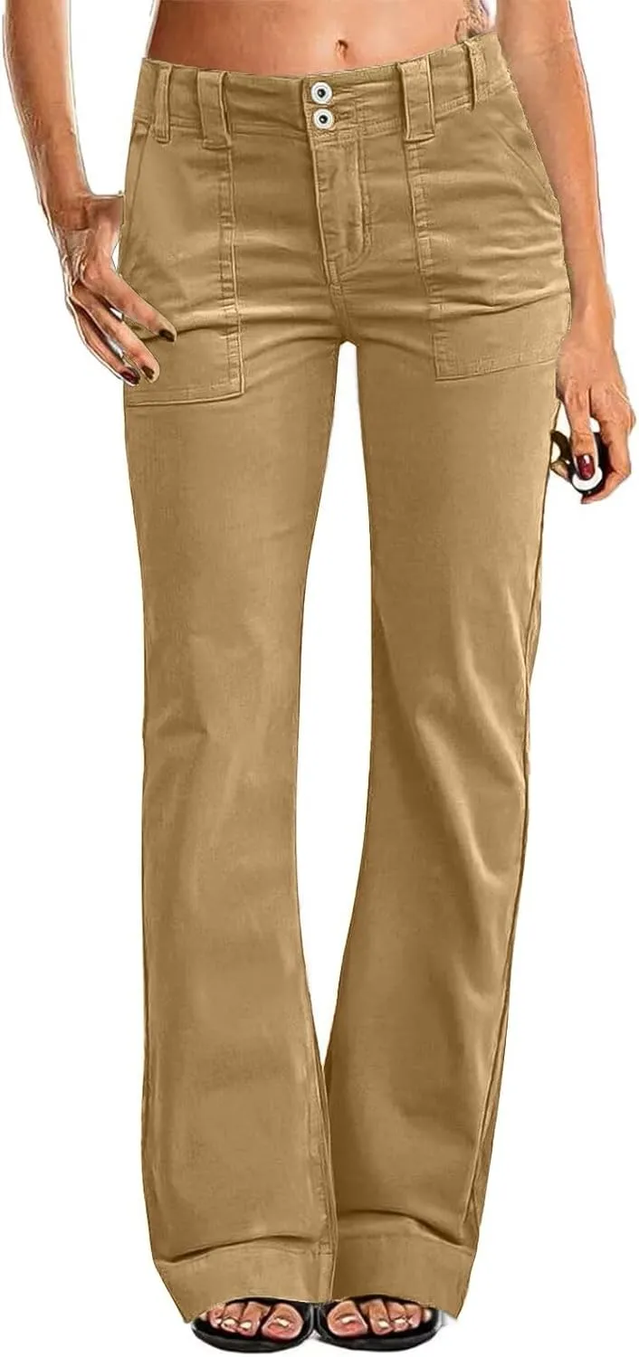 Womens Casual Stretch Twill Pants Classic Straight Fit Chino Pant High Waisted Work Outdoor Flare Pants with Pockets