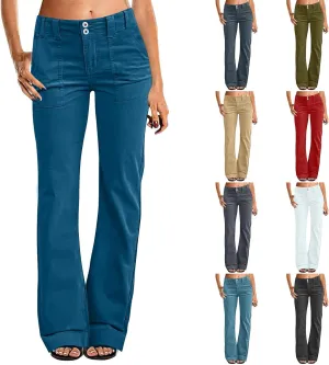 Womens Casual Stretch Twill Pants Classic Straight Fit Chino Pant High Waisted Work Outdoor Flare Pants with Pockets