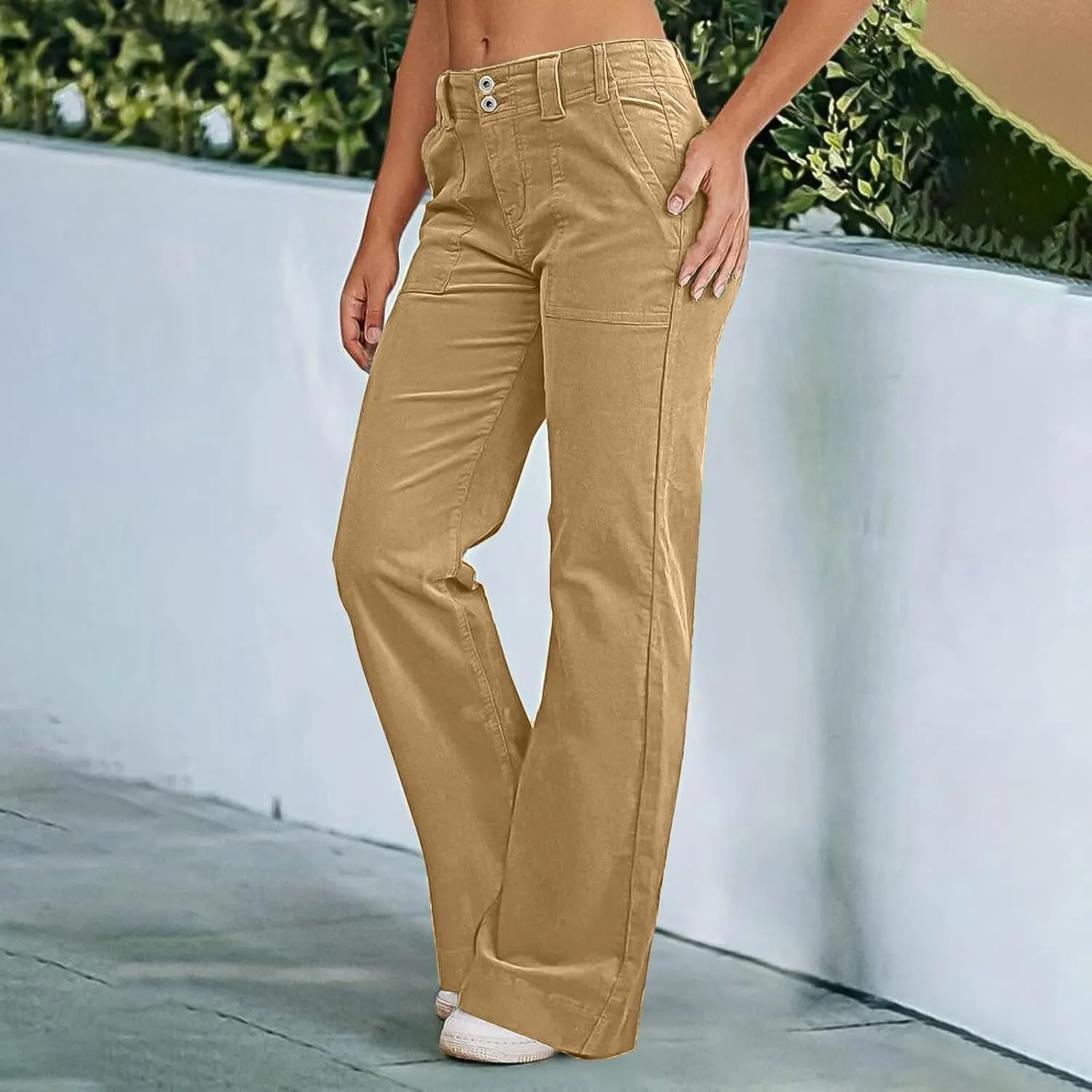 Womens Casual Stretch Twill Pants Classic Straight Fit Chino Pant High Waisted Work Outdoor Flare Pants with Pockets