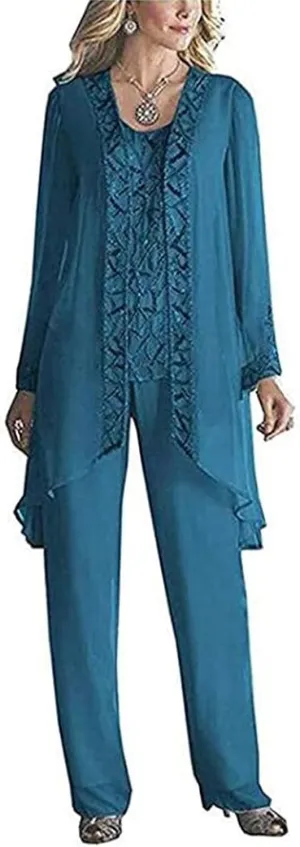 Women's Chiffon 3 Pieces Formal Mother of The Bride Pant Suits with Appliques with Outfit for Wedding Grooms