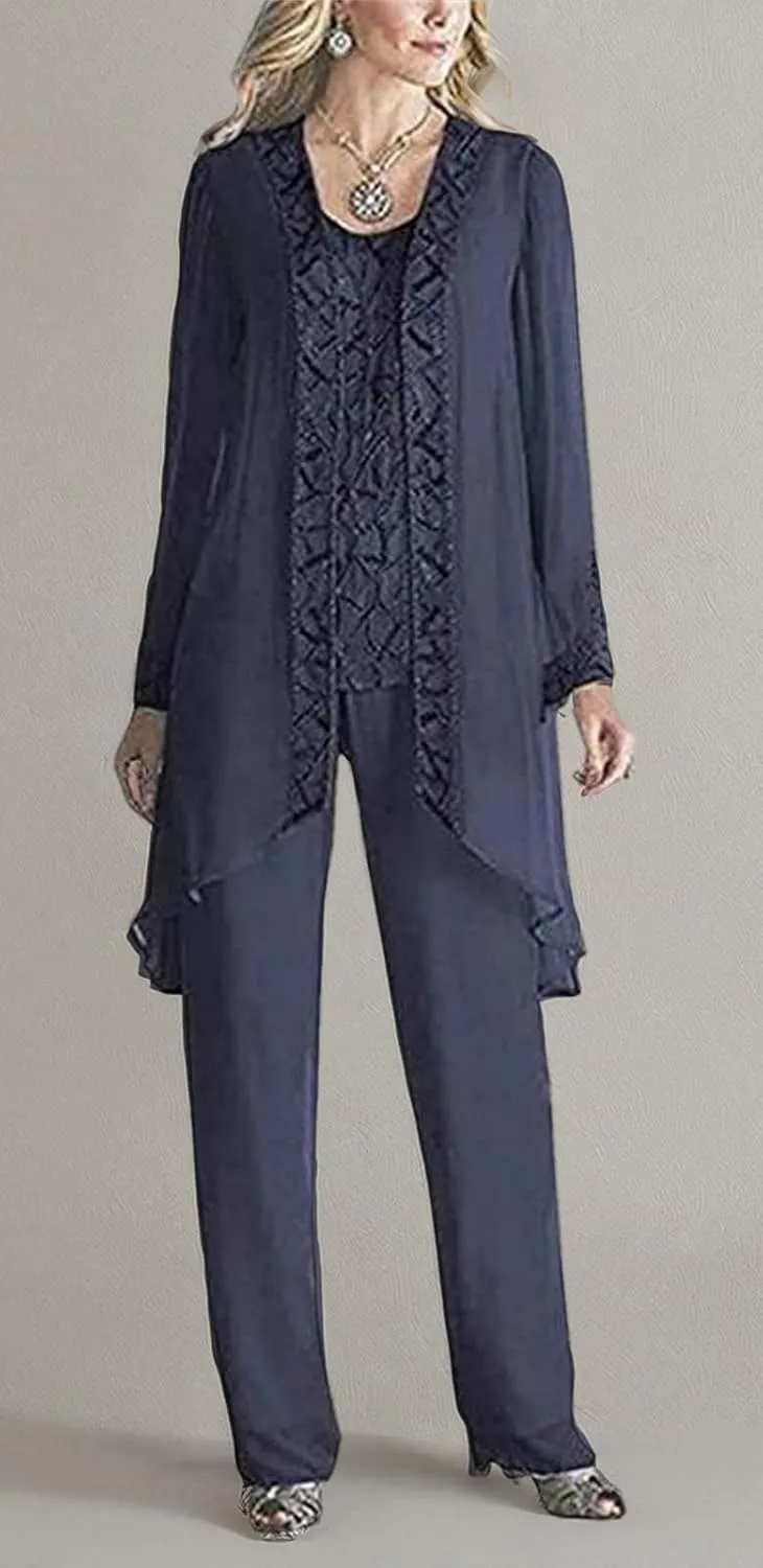 Women's Chiffon 3 Pieces Formal Mother of The Bride Pant Suits with Appliques with Outfit for Wedding Grooms