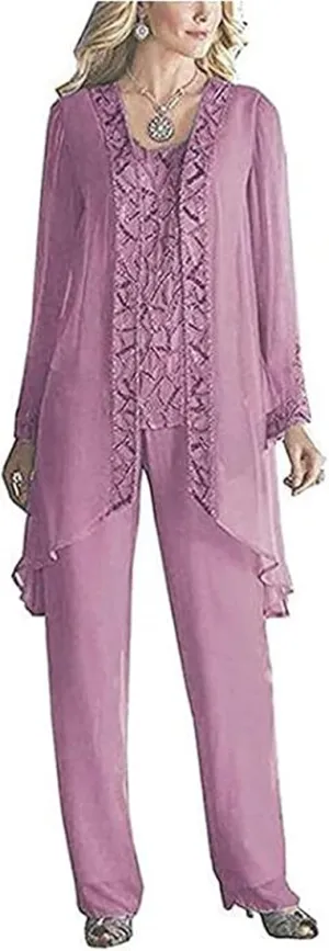 Women's Chiffon 3 Pieces Formal Mother of The Bride Pant Suits with Appliques with Outfit for Wedding Grooms