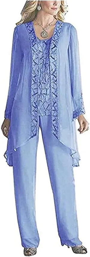 Women's Chiffon 3 Pieces Formal Mother of The Bride Pant Suits with Appliques with Outfit for Wedding Grooms