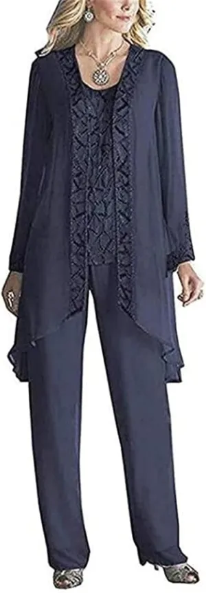 Women's Chiffon 3 Pieces Formal Mother of The Bride Pant Suits with Appliques with Outfit for Wedding Grooms